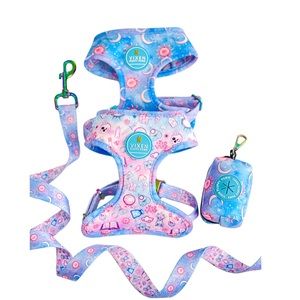 Reversible Dog Harness Set, with leash and poop bag. Sun and Moon design